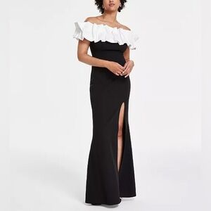 City Studios Junior's Satin Ruffle Off-The-Shoulder Gown Black White Sz 3/4